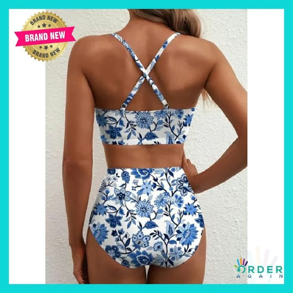 High Waisted U Wire Bikini Set Floral Print Crisscross Back Swimsuit Beachwear